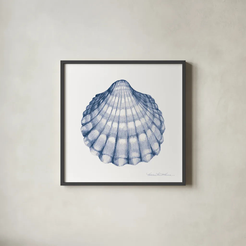 Shells III Blue and White by Kathleen Parr McKenna. Shown in a sleek black glass frame for a contemporary gallery look. Available as an archival giclee rolled canvas, fine art paper, or poster print. SKU 40557a.
