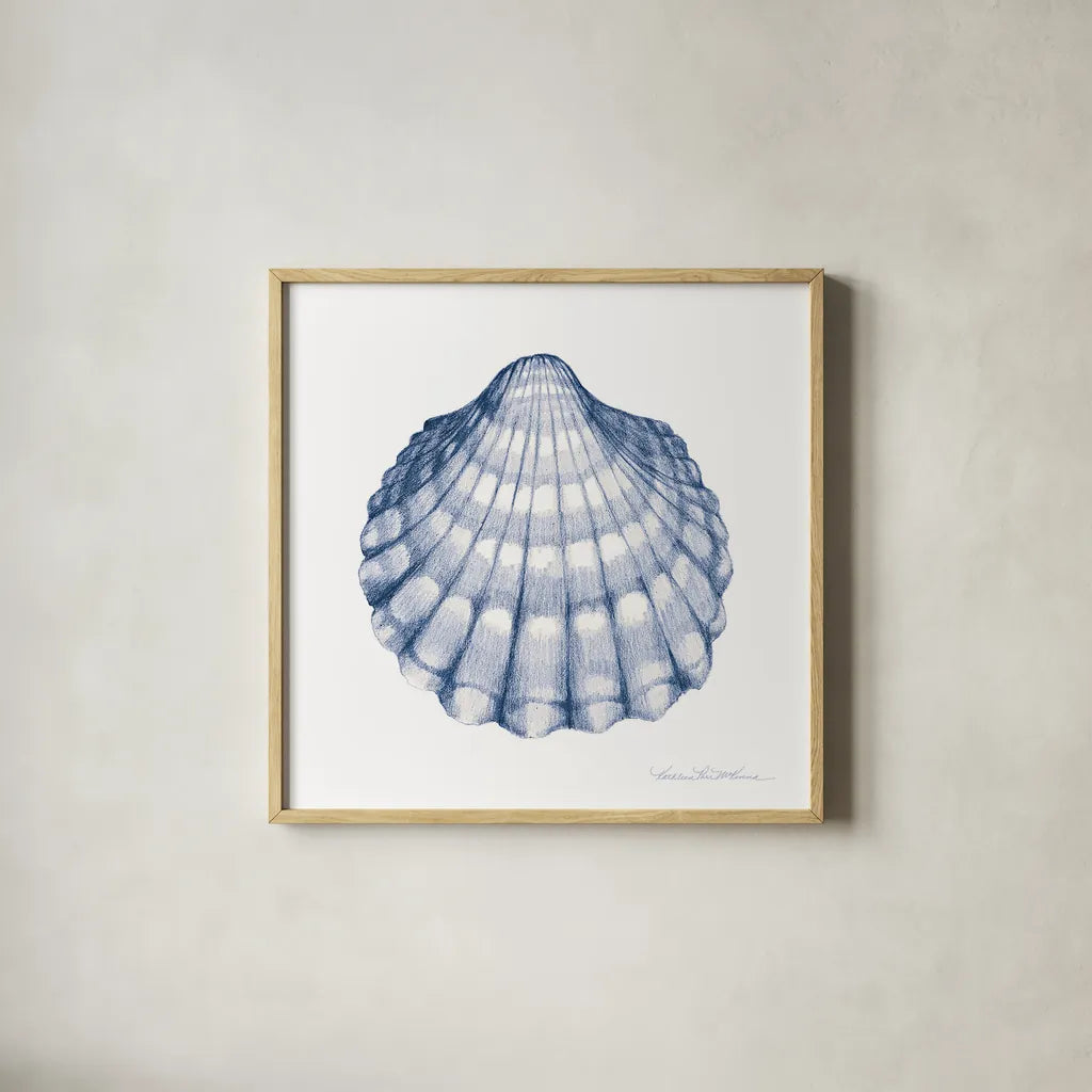 Shells III Blue and White by Kathleen Parr McKenna. Shown in a natural wood glass frame for a timeless modern aesthetic. Available as an archival giclee rolled canvas, fine art paper, or poster print. SKU 40557a.