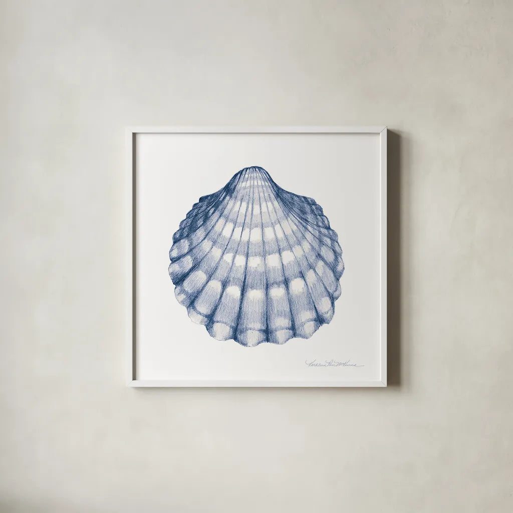Shells III Blue and White by Kathleen Parr McKenna. Shown in a crisp white glass frame for a clean and minimalist style. Available as an archival giclee rolled canvas, fine art paper, or poster print. SKU 40557a.