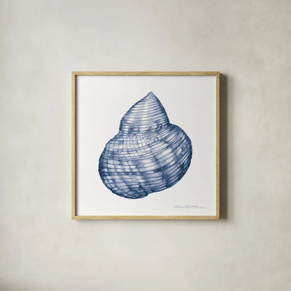 Shells IV Blue and White by Kathleen Parr McKenna. Shown in a natural wood glass frame for a timeless modern aesthetic. Available as an archival giclee rolled canvas, fine art paper, or poster print. SKU 40558a.
