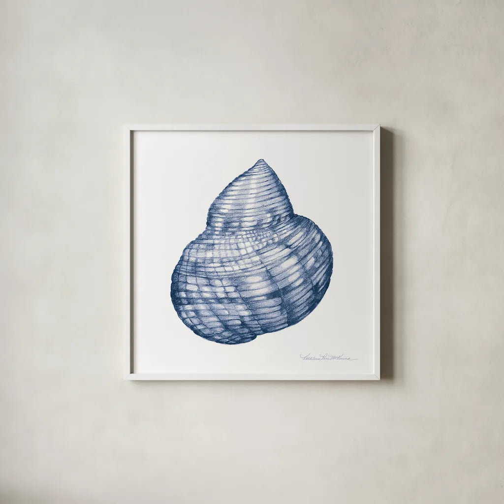 Shells IV Blue and White by Kathleen Parr McKenna. Shown in a crisp white glass frame for a clean and minimalist style. Available as an archival giclee rolled canvas, fine art paper, or poster print. SKU 40558a.