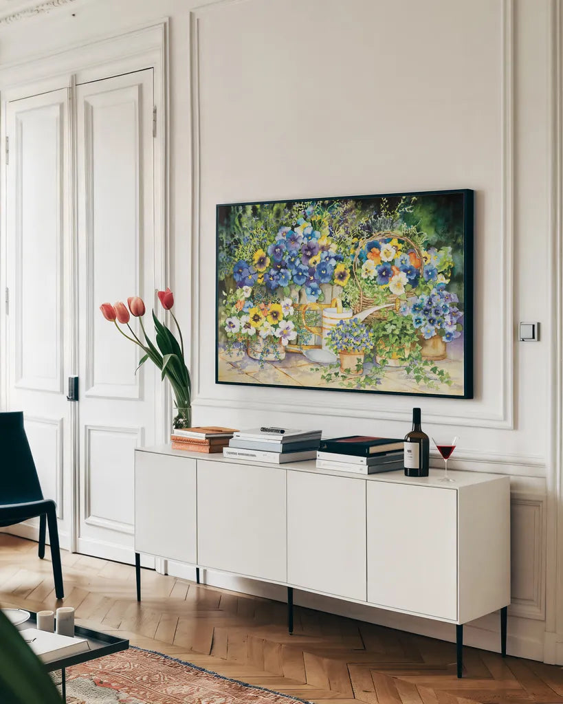 Simply Charming by Kathleen Parr McKenna. shown as a framed stretched canvas in a living room above a console. Available as a archival giclee rolled canvas, fine art paper, or poster print. SKU 47976i.