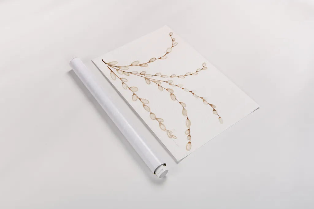 Spring Bunny Pussy Willow by Kathleen Parr McKenna. shown as a rolled paper print. Available as archival giclee rolled canvas, fine art paper, or poster print. SKU 31702i.