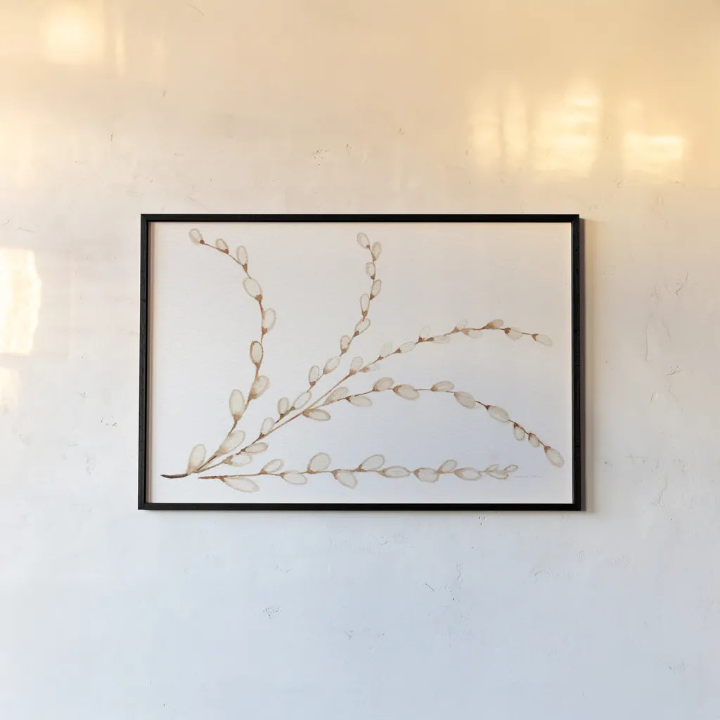 Spring Bunny Pussy Willow by Kathleen Parr McKenna. shown as a paper print in a black flame. Available as a archival giclee rolled canvas, fine art paper, or poster print. SKU 31702i.