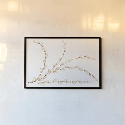 Spring Bunny Pussy Willow by Kathleen Parr McKenna. shown as a paper print in a black flame. Available as a archival giclee rolled canvas, fine art paper, or poster print. SKU 31702i.