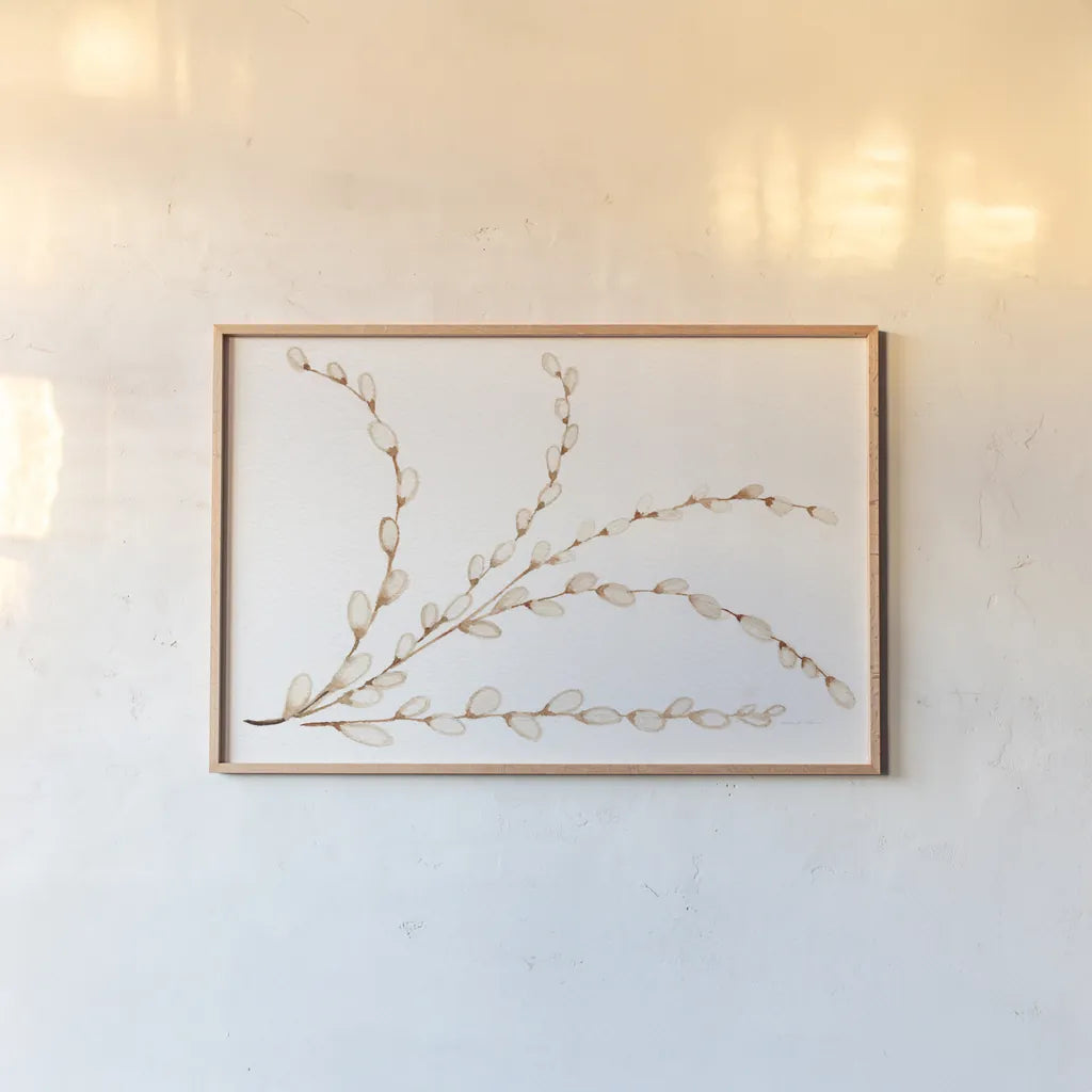 Spring Bunny Pussy Willow by Kathleen Parr McKenna. shown as a paper print in a natural frame. Available as a archival giclee rolled canvas, fine art paper, or poster print. SKU 31702i.