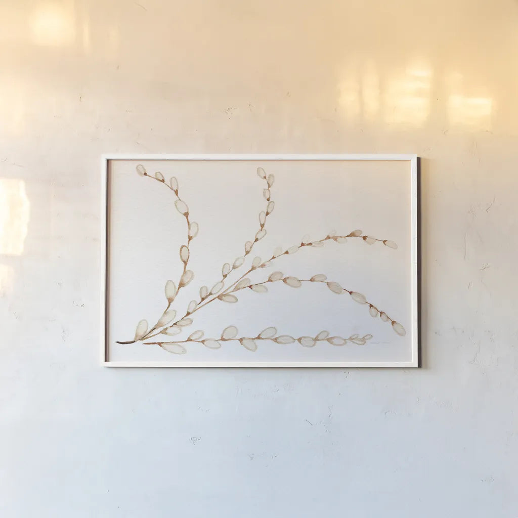 Spring Bunny Pussy Willow by Kathleen Parr McKenna. shown as a paper print in a white frame. Available as a archival giclee rolled canvas, fine art paper, or poster print. SKU 31702i.