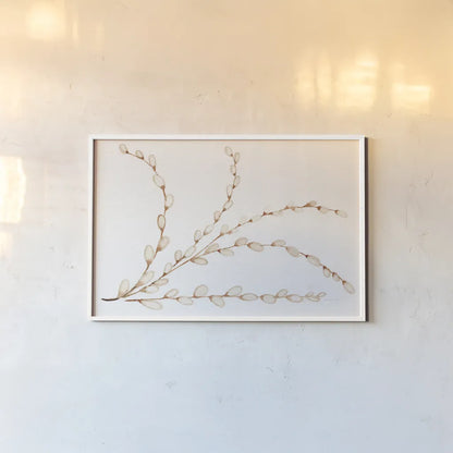 Spring Bunny Pussy Willow by Kathleen Parr McKenna. shown as a paper print in a white frame. Available as a archival giclee rolled canvas, fine art paper, or poster print. SKU 31702i.