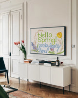 Spring Saying I by Kathleen Parr McKenna. shown as a framed stretched canvas in a living room above a console. Available as a archival giclee rolled canvas, fine art paper, or poster print. SKU 24714i.