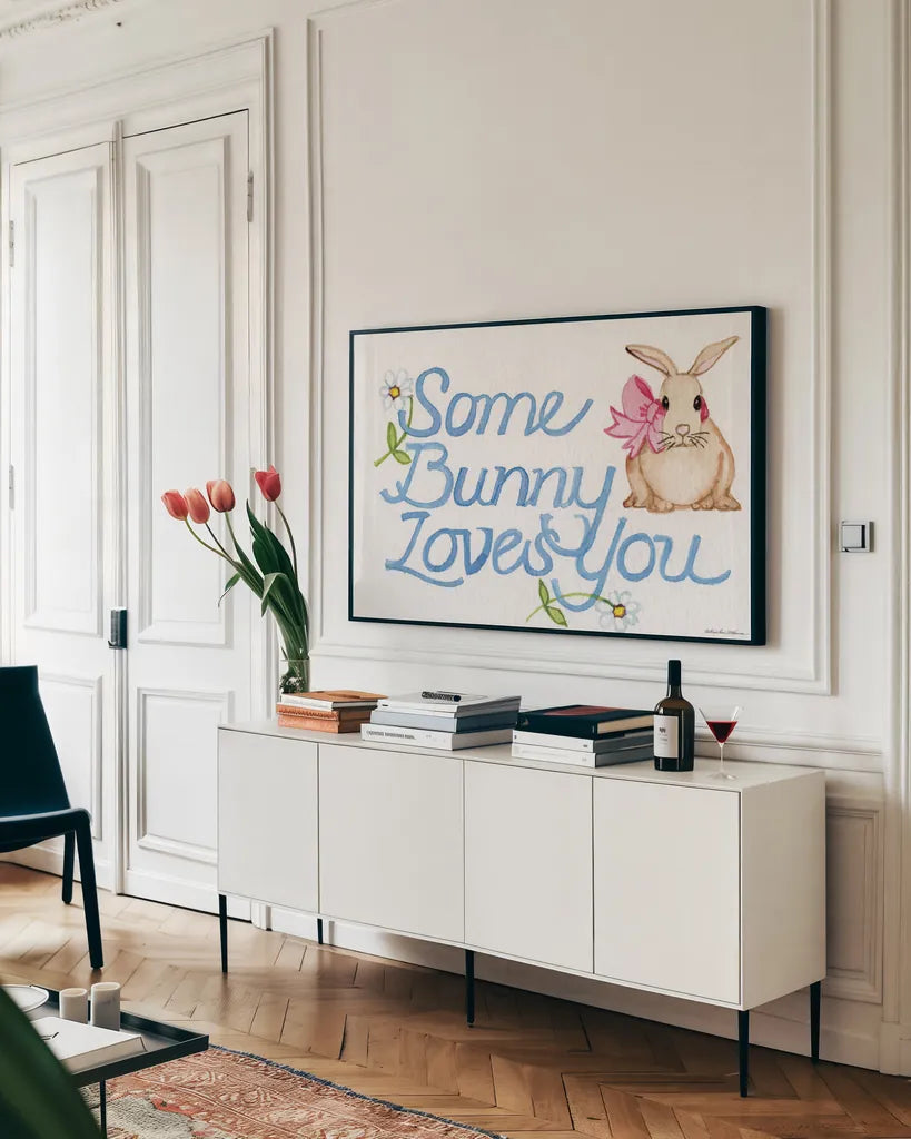 Spring Saying II by Kathleen Parr McKenna. shown as a framed stretched canvas in a living room above a console. Available as a archival giclee rolled canvas, fine art paper, or poster print. SKU 24715i.