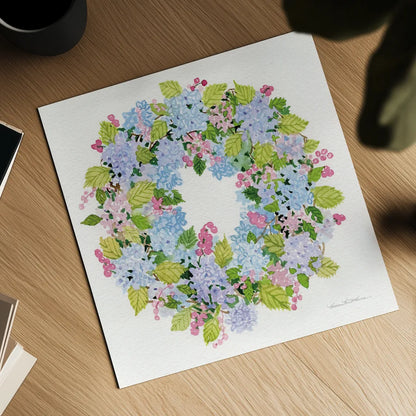 Spring Wreath I by Kathleen Parr McKenna. Shown as a detailed flat fine art print, highlighting archival giclee quality. Available as an archival giclee rolled canvas, fine art paper, or poster print. SKU 24596a.