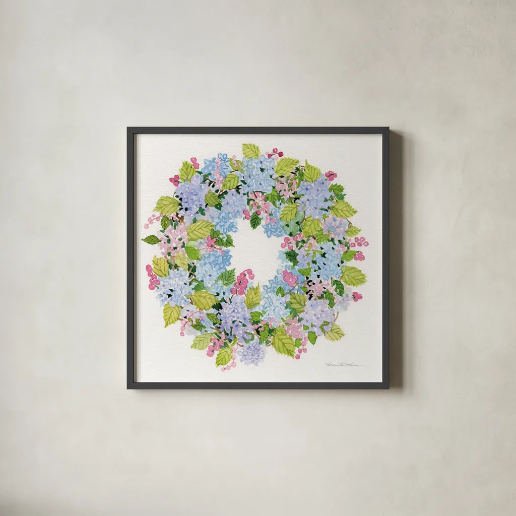 Spring Wreath I by Kathleen Parr McKenna. Shown in a sleek black glass frame for a contemporary gallery look. Available as an archival giclee rolled canvas, fine art paper, or poster print. SKU 24596a.