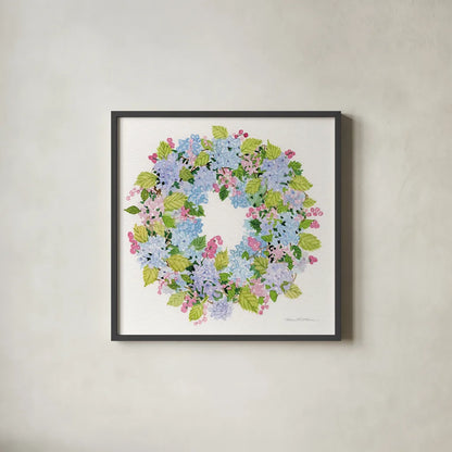 Spring Wreath I by Kathleen Parr McKenna. Shown in a sleek black glass frame for a contemporary gallery look. Available as an archival giclee rolled canvas, fine art paper, or poster print. SKU 24596a.