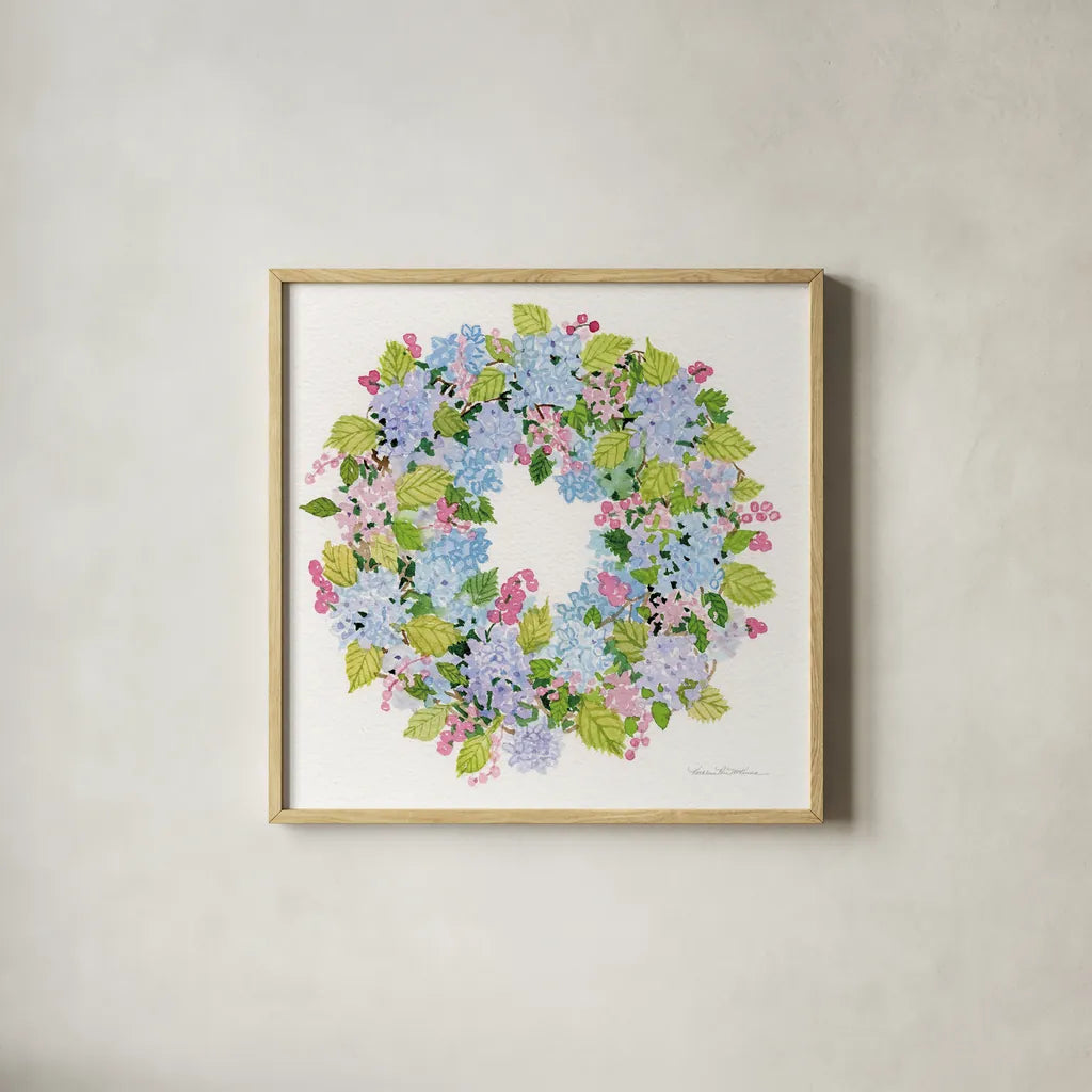 Spring Wreath I by Kathleen Parr McKenna. Shown in a natural wood glass frame for a timeless modern aesthetic. Available as an archival giclee rolled canvas, fine art paper, or poster print. SKU 24596a.
