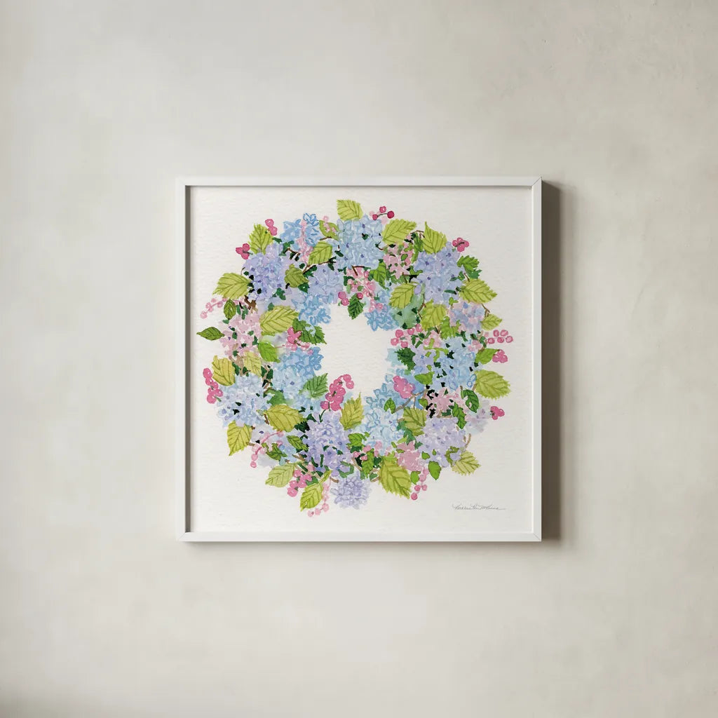 Spring Wreath I by Kathleen Parr McKenna. Shown in a crisp white glass frame for a clean and minimalist style. Available as an archival giclee rolled canvas, fine art paper, or poster print. SKU 24596a.