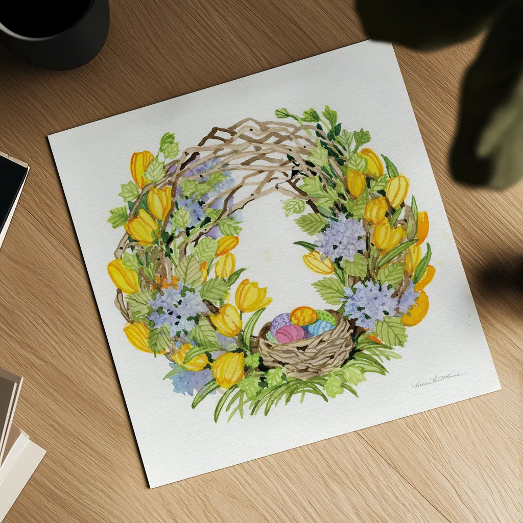 Spring Wreath II by Kathleen Parr McKenna. Shown as a detailed flat fine art print, highlighting archival giclee quality. Available as an archival giclee rolled canvas, fine art paper, or poster print. SKU 24597a.