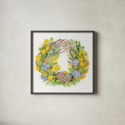 Spring Wreath II by Kathleen Parr McKenna. Shown in a sleek black glass frame for a contemporary gallery look. Available as an archival giclee rolled canvas, fine art paper, or poster print. SKU 24597a.
