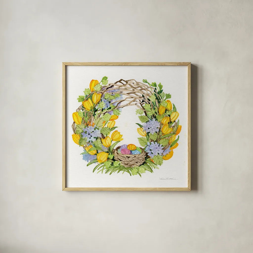 Spring Wreath II by Kathleen Parr McKenna. Shown in a natural wood glass frame for a timeless modern aesthetic. Available as an archival giclee rolled canvas, fine art paper, or poster print. SKU 24597a.