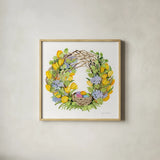 Spring Wreath II by Kathleen Parr McKenna. Shown in a natural wood glass frame for a timeless modern aesthetic. Available as an archival giclee rolled canvas, fine art paper, or poster print. SKU 24597a.