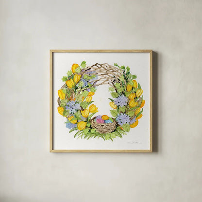 Spring Wreath II by Kathleen Parr McKenna. Shown in a natural wood glass frame for a timeless modern aesthetic. Available as an archival giclee rolled canvas, fine art paper, or poster print. SKU 24597a.
