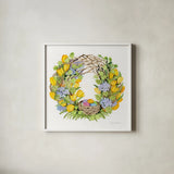 Spring Wreath II by Kathleen Parr McKenna. Shown in a crisp white glass frame for a clean and minimalist style. Available as an archival giclee rolled canvas, fine art paper, or poster print. SKU 24597a.