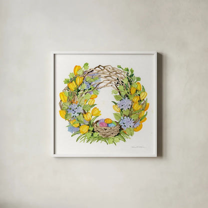 Spring Wreath II by Kathleen Parr McKenna. Shown in a crisp white glass frame for a clean and minimalist style. Available as an archival giclee rolled canvas, fine art paper, or poster print. SKU 24597a.