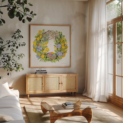 Spring Wreath II by Kathleen Parr McKenna. Shown in a natural wood frame in a cozy modern living room. Available as an archival giclee rolled canvas, fine art paper, or poster print. SKU 24597a.