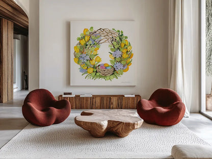 Spring Wreath II by Kathleen Parr McKenna. Shown as extra-large giant wall art in a modern living room. Available as an archival giclee rolled canvas, fine art paper, or poster print. SKU 24597a.