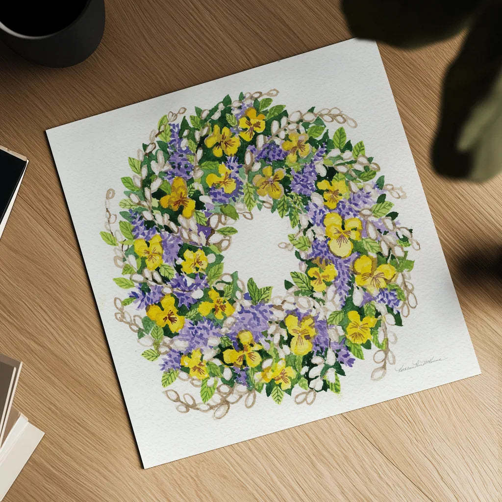 Spring Wreath III by Kathleen Parr McKenna. Shown as a detailed flat fine art print, highlighting archival giclee quality. Available as an archival giclee rolled canvas, fine art paper, or poster print. SKU 24598a.