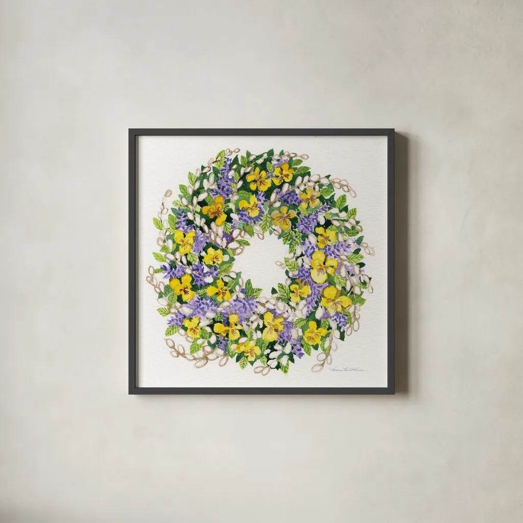Spring Wreath III by Kathleen Parr McKenna. Shown in a sleek black glass frame for a contemporary gallery look. Available as an archival giclee rolled canvas, fine art paper, or poster print. SKU 24598a.