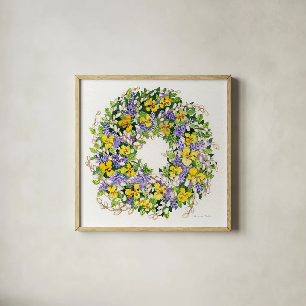 Spring Wreath III by Kathleen Parr McKenna. Shown in a natural wood glass frame for a timeless modern aesthetic. Available as an archival giclee rolled canvas, fine art paper, or poster print. SKU 24598a.