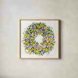 Spring Wreath III by Kathleen Parr McKenna. Shown in a natural wood glass frame for a timeless modern aesthetic. Available as an archival giclee rolled canvas, fine art paper, or poster print. SKU 24598a.