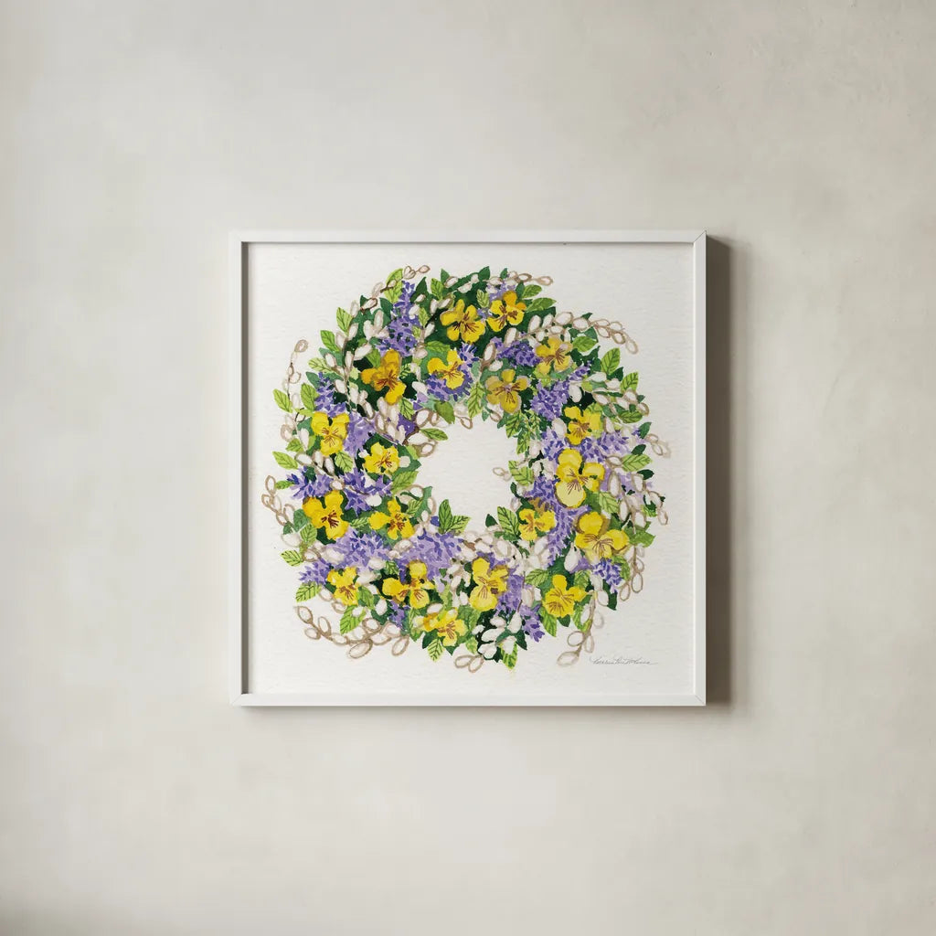 Spring Wreath III by Kathleen Parr McKenna. Shown in a crisp white glass frame for a clean and minimalist style. Available as an archival giclee rolled canvas, fine art paper, or poster print. SKU 24598a.