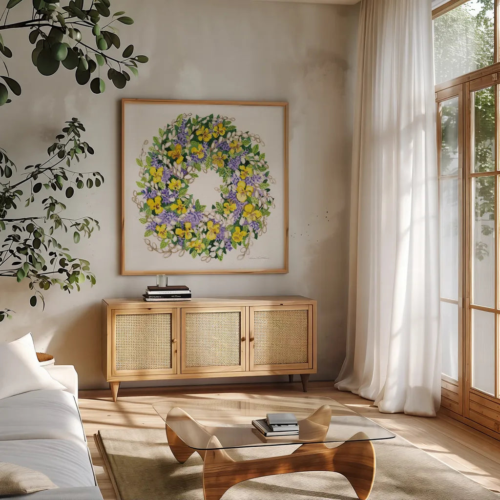 Spring Wreath III by Kathleen Parr McKenna. Shown in a natural wood frame in a cozy modern living room. Available as an archival giclee rolled canvas, fine art paper, or poster print. SKU 24598a.