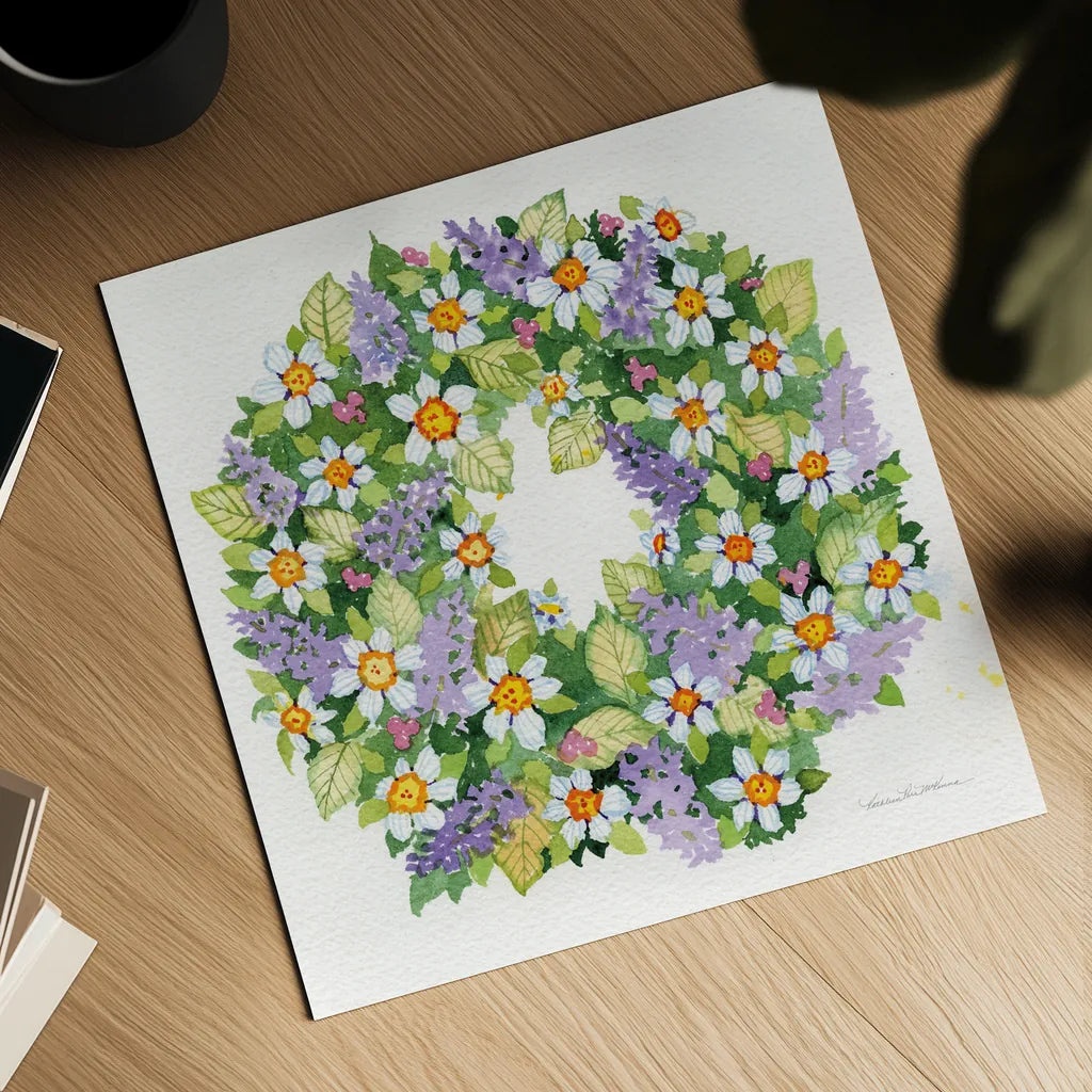 Spring Wreath IV by Kathleen Parr McKenna. Shown as a detailed flat fine art print, highlighting archival giclee quality. Available as an archival giclee rolled canvas, fine art paper, or poster print. SKU 24599a.