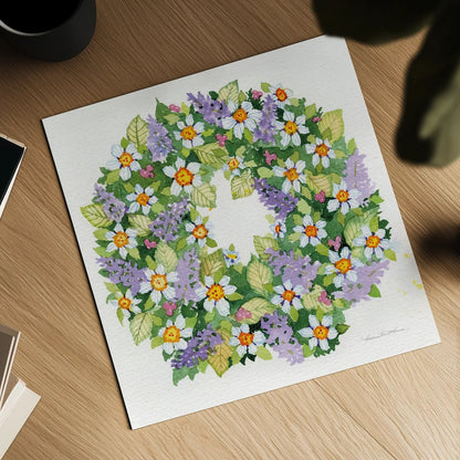 Spring Wreath IV by Kathleen Parr McKenna. Shown as a detailed flat fine art print, highlighting archival giclee quality. Available as an archival giclee rolled canvas, fine art paper, or poster print. SKU 24599a.
