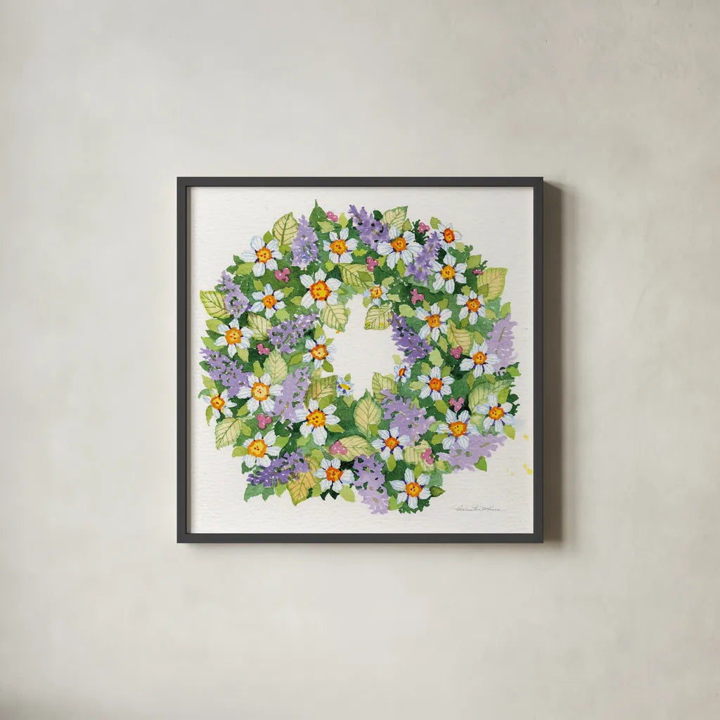 Spring Wreath IV by Kathleen Parr McKenna. Shown in a sleek black glass frame for a contemporary gallery look. Available as an archival giclee rolled canvas, fine art paper, or poster print. SKU 24599a.