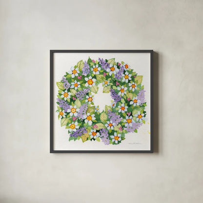 Spring Wreath IV by Kathleen Parr McKenna. Shown in a sleek black glass frame for a contemporary gallery look. Available as an archival giclee rolled canvas, fine art paper, or poster print. SKU 24599a.