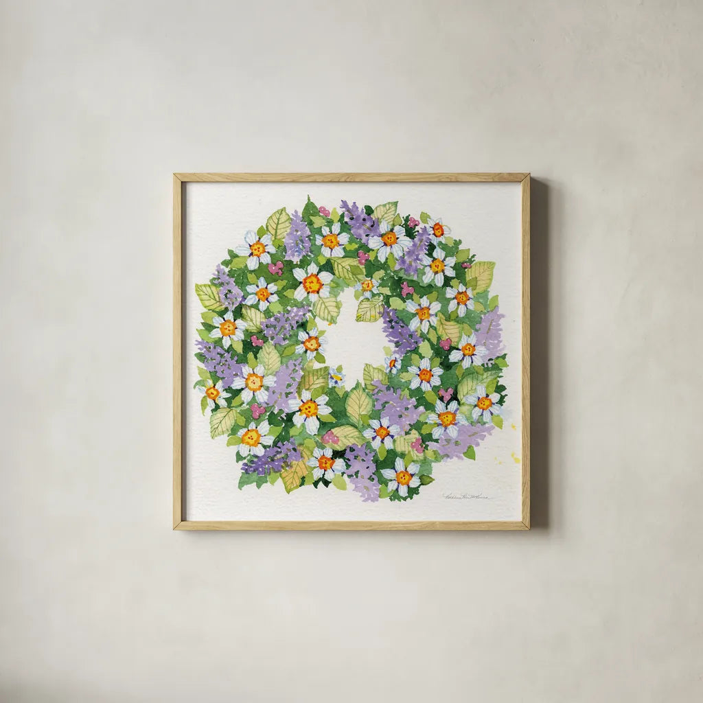 Spring Wreath IV by Kathleen Parr McKenna. Shown in a natural wood glass frame for a timeless modern aesthetic. Available as an archival giclee rolled canvas, fine art paper, or poster print. SKU 24599a.