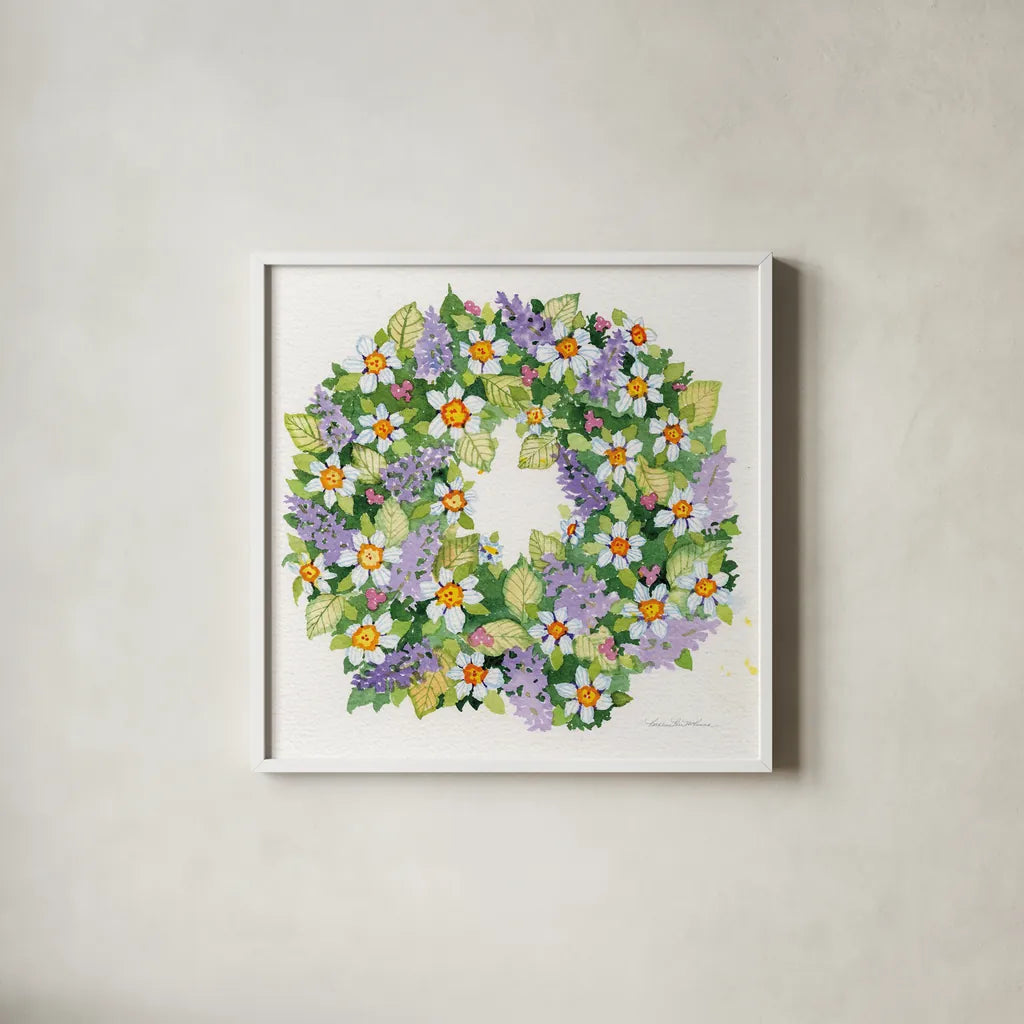 Spring Wreath IV by Kathleen Parr McKenna. Shown in a crisp white glass frame for a clean and minimalist style. Available as an archival giclee rolled canvas, fine art paper, or poster print. SKU 24599a.