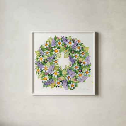 Spring Wreath IV by Kathleen Parr McKenna. Shown in a crisp white glass frame for a clean and minimalist style. Available as an archival giclee rolled canvas, fine art paper, or poster print. SKU 24599a.