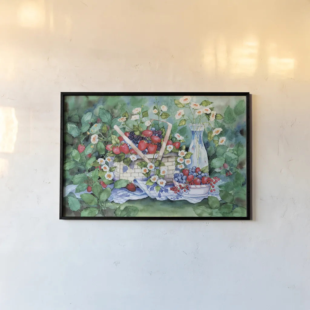 Strawberry Picnic by Kathleen Parr McKenna. shown as a paper print in a black flame. Available as a archival giclee rolled canvas, fine art paper, or poster print. SKU 47970i.