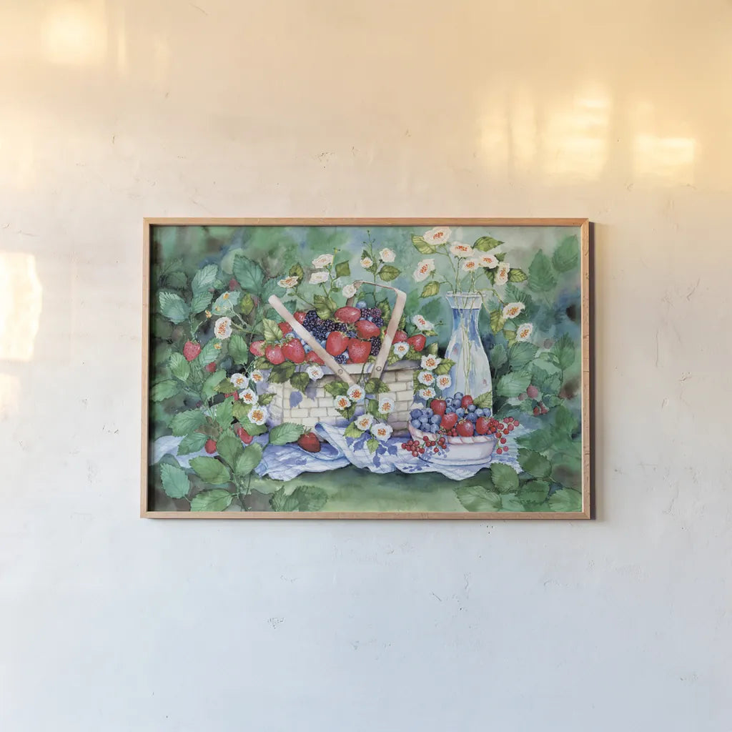 Strawberry Picnic by Kathleen Parr McKenna. shown as a paper print in a natural frame. Available as a archival giclee rolled canvas, fine art paper, or poster print. SKU 47970i.