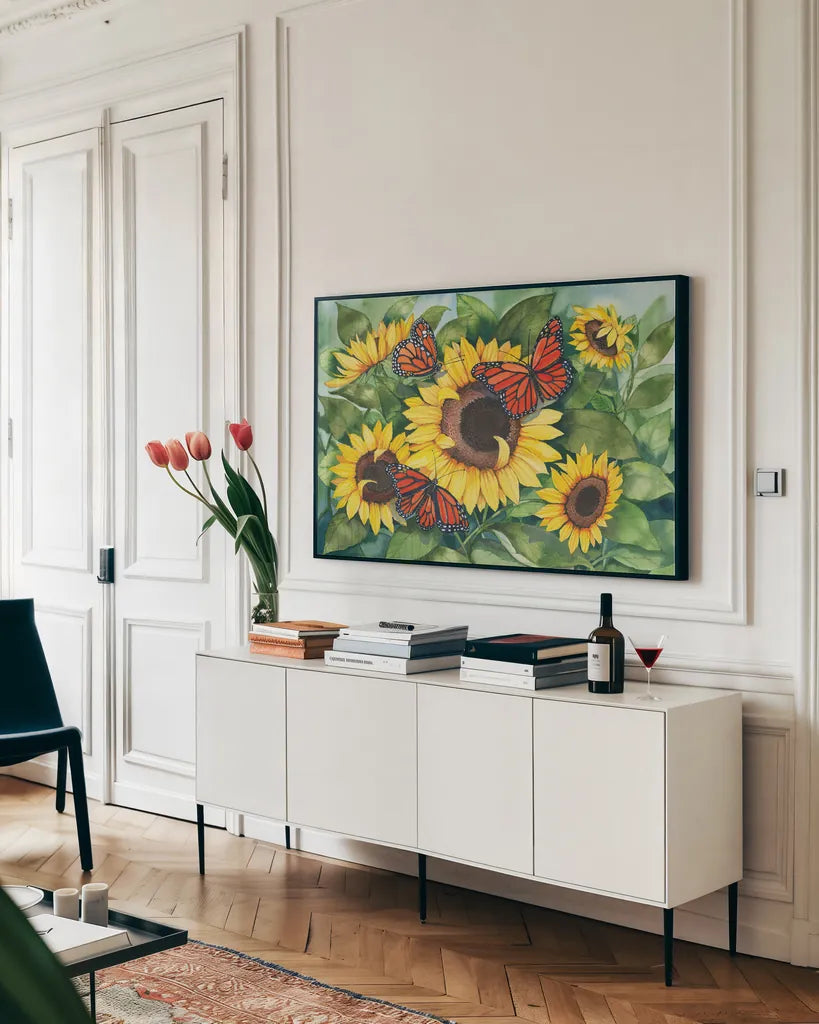 Sunny Monarchy by Kathleen Parr McKenna. shown as a framed stretched canvas in a living room above a console. Available as a archival giclee rolled canvas, fine art paper, or poster print. SKU 41334i.