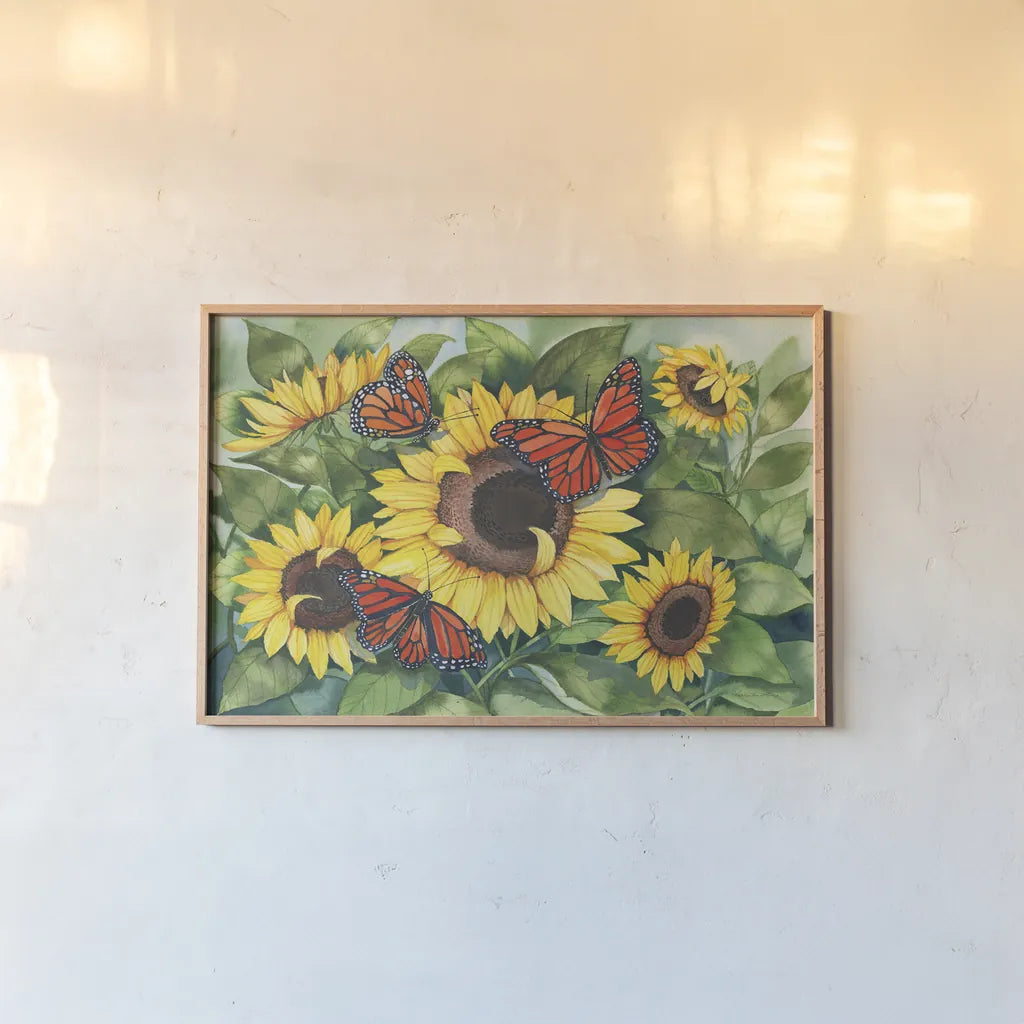 Sunny Monarchy by Kathleen Parr McKenna. shown as a paper print in a natural frame. Available as a archival giclee rolled canvas, fine art paper, or poster print. SKU 41334i.