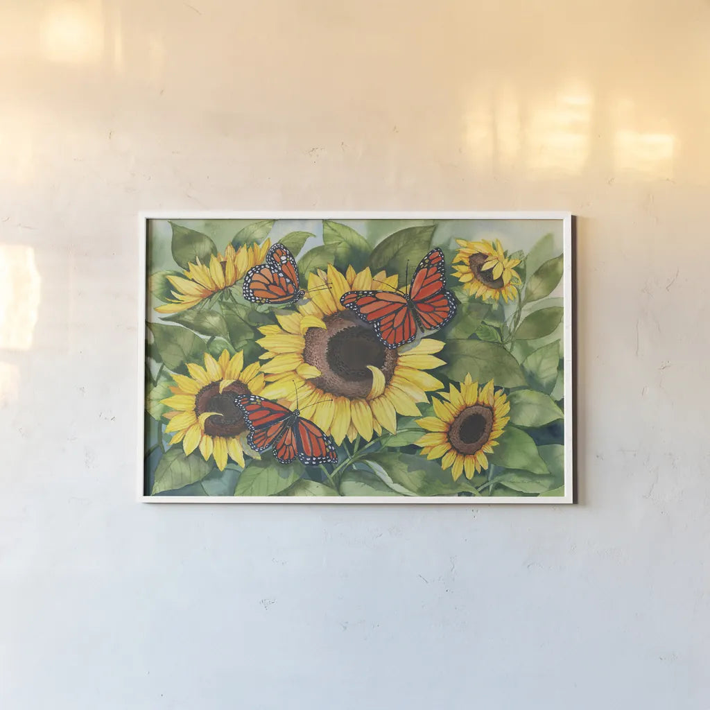 Sunny Monarchy by Kathleen Parr McKenna. shown as a paper print in a white frame. Available as a archival giclee rolled canvas, fine art paper, or poster print. SKU 41334i.