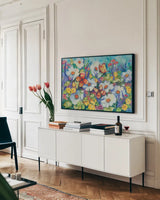 Sweetly Succulent by Kathleen Parr McKenna. shown as a framed stretched canvas in a living room above a console. Available as a archival giclee rolled canvas, fine art paper, or poster print. SKU 47972i.