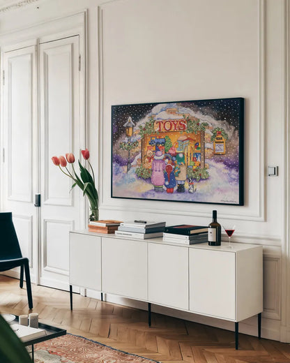 Toyshop by Kathleen Parr McKenna. shown as a framed stretched canvas in a living room above a console. Available as a archival giclee rolled canvas, fine art paper, or poster print. SKU 41395i.