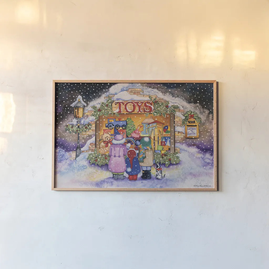 Toyshop by Kathleen Parr McKenna. shown as a paper print in a natural frame. Available as a archival giclee rolled canvas, fine art paper, or poster print. SKU 41395i.