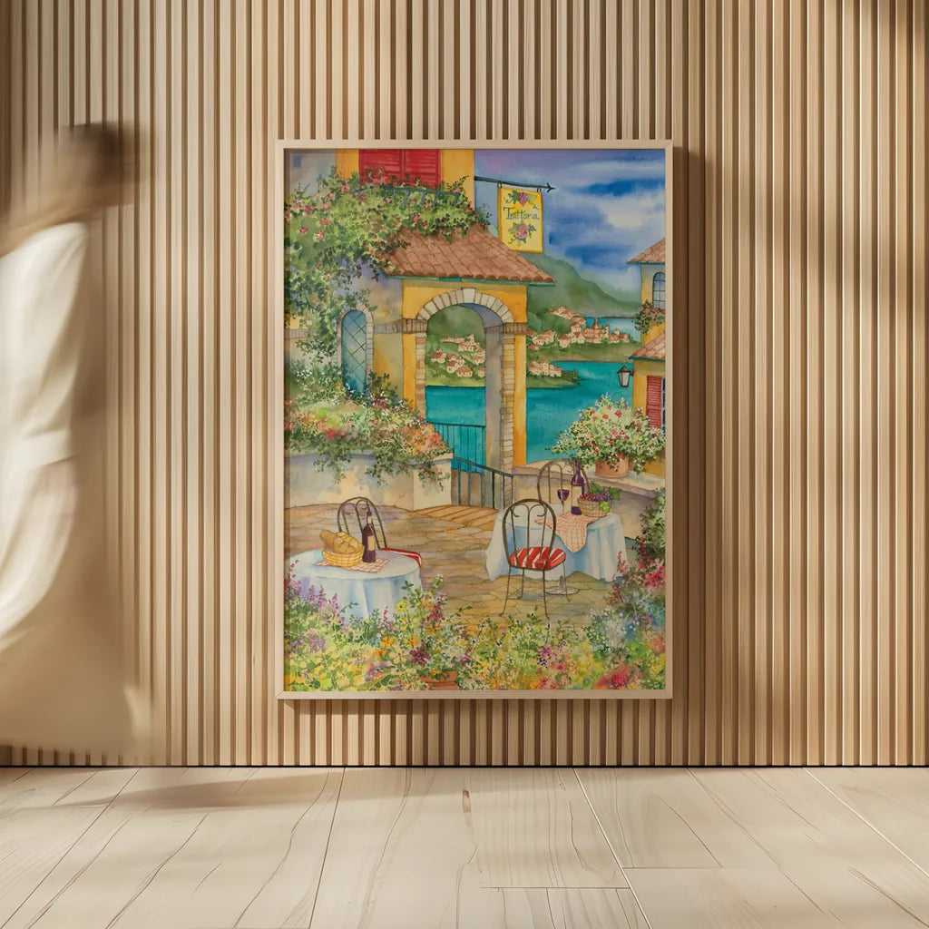 Trattoria by Kathleen Parr McKenna. shown as over sized large wall art. Available as an archival giclee rolled canvas, fine art paper, or poster print. SKU 47932h.